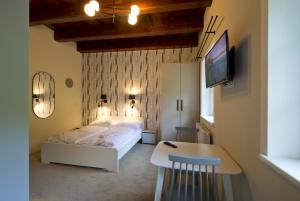 代什特納的住宿－Aparthotel Panorama，一间卧室配有一张床、一张桌子和一台电视。
