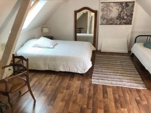 Schlafzimmer mit einem Bett, einem Spiegel und einem Teppich in der Unterkunft Le Grand Appartement - 90m2- 2 chb , 1 mezzanine - 6pers in Romorantin