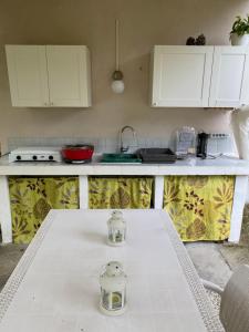 a kitchen with a table and a counter top at Bubble Room Under The Tuscan Stars Bubble in Vicopisano