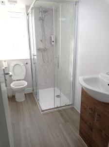 een badkamer met een douche, een toilet en een wastafel bij Mill Studio A - Self contained one bed studio flat in Oxford