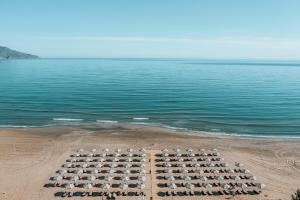 eine Gruppe von Vögeln, die in einer Reihe am Strand sitzen in der Unterkunft Eliros Mare Beachfront Poem Hotel in Georgioupoli