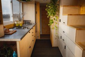 eine Küche mit einer Spüle und einer Arbeitsplatte in der Unterkunft POP Tiny House Nagymaros in Nagymaros