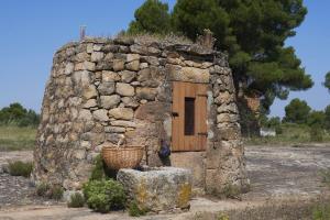 uma pessoa de pé em frente a um edifício de pedra com uma porta em La Casa del Lino em Torrebeses