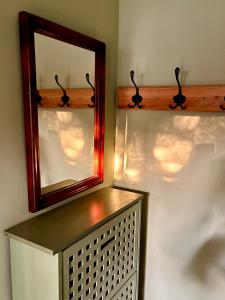 un espejo en una pared junto a un estante en Green Apartman, en Eger