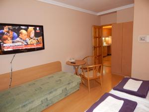 ハイドゥソボスローにあるHajdú Vendégházのベッド1台、壁掛け式薄型テレビが備わる客室です。