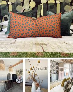 a collage of pictures of a bed with an orange pillow at Sixteen On Latimer in East London