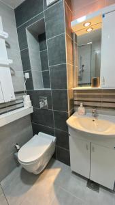 ein Badezimmer mit einem WC, einem Waschbecken und einem Spiegel in der Unterkunft Apartman Petra in Jagodina