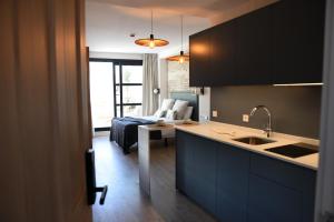 a kitchen with a sink and a living room with a bed at Honest Sevilla Apartments in Seville +28 photos