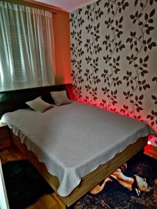 a bed in a room with a red wall at Apartman ESPRESSO in Sremska Mitrovica