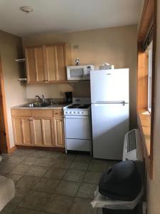 uma cozinha com um frigorífico branco e um lavatório em The Sunview Motel em Tannersville