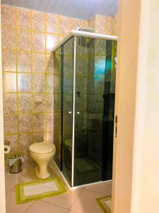 La salle de bains est pourvue de toilettes et d'une douche en verre. dans l'établissement Apto lindo e aconchegante próximo a praia, à Itapema
