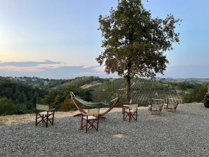 a group of chairs and a hammock on top of a hill at Coppo 1829 in Portacomaro