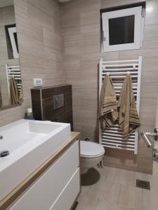 a bathroom with a white sink and a toilet at Apartments LaVu in Belgrade