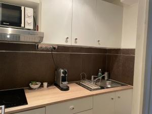 een keuken met een wastafel en een magnetron bij Appartement 13008 bord de mer in Marseille