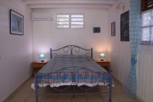 a bedroom with a bed and two night stands at Gite le colibri Bungalow Azur avec réserve d'eau in Saint-François