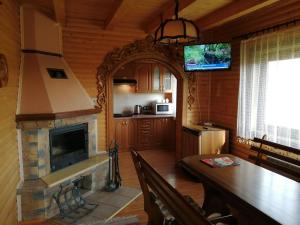 uma sala de estar com lareira e uma cozinha em Polonyna em Verkhovyna