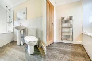 2 immagini di un bagno con servizi igienici e lavandino di Barra Cottage a Ballachulish