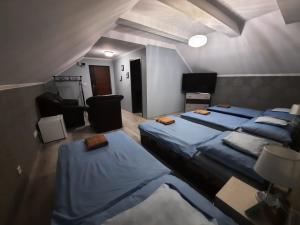 a attic bedroom with two beds and a tv at Borostyán Panzió in Debrecen