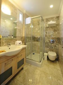 a bathroom with a shower and a sink and a toilet at Delita Suite Hotel Turkbuku in Golturkbuku