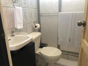 ein kleines Bad mit WC und Waschbecken in der Unterkunft Hotel La Vid La Fortuna in Fortuna