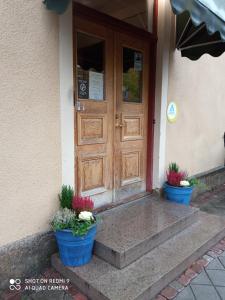 une porte d'entrée d'une maison avec deux plantes en pot dans l'établissement Nicolai B&B, à Lidköping