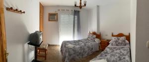 een slaapkamer met 2 bedden, een tv en een raam bij Coronichi in Montefrío