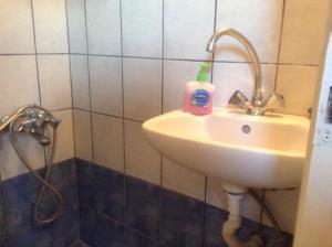 a bathroom sink with a bottle of soap on it at San Giorgio in Agios Georgios