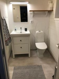 a bathroom with a white toilet and a sink at Seaside Cottage House nr 1, Saltvik Hudiksvall in Hudiksvall