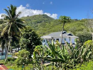 a white house with a palm tree and a mountain at Royale Self Catering Apartments in Anse Royale