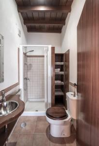 uma casa de banho com um WC, um chuveiro e um lavatório. em CASA RURAL EL LAGAR TENERIFE em La Orotava