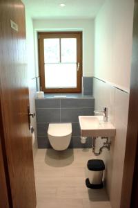 baño con aseo y lavabo y ventana en Appartement Gleiminger en Forstau