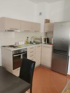 KaraburmaにあるApartman Natasaの白いキャビネットとステンレス製の冷蔵庫を備えたキッチン +9枚の写真