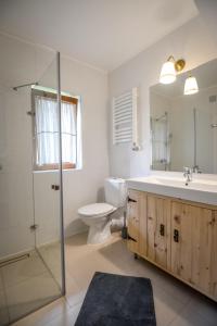 bagno con lavandino, servizi igienici e specchio di Hole a Zakopane