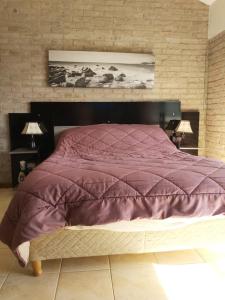 a bed with a purple comforter in a bedroom at Apart en playa hermosa piriapolis a dos cuadras de la playa in Piriápolis +6 photos