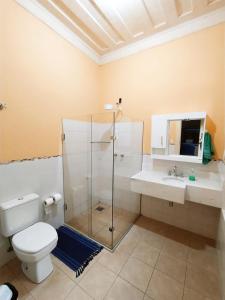 a bathroom with a shower and a toilet and a sink at Del Mundo Hostel in São João del Rei