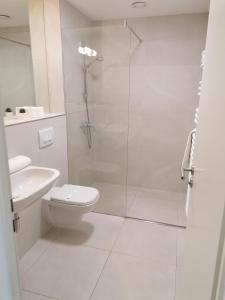 Un baño con ducha, inodoro y lavabo. en Vagabond Downtown, en Budapest