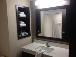 uma casa de banho com lavatório, espelho e toalhas em Holiday Inn Express & Suites Monroe, an IHG Hotel em Monroe