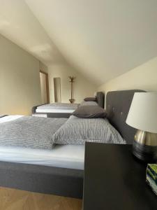 een slaapkamer met 2 bedden en een tafel met een lamp bij Koliko apartman in Mohács