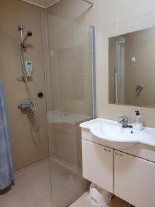 a bathroom with a sink and a shower with a mirror at Jääskän Loma Ratatie 3 asunto 5 in Kauhava