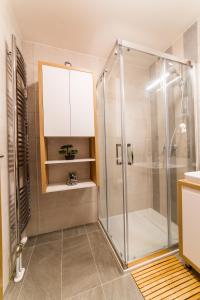 een douche met een glazen deur in de badkamer bij Olimpijska kuća A.503 Jahorina in Jahorina