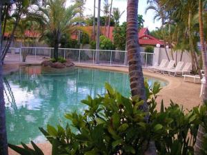 a swimming pool with chairs and a palm tree at Runaway Bay Motor Inn in Gold Coast