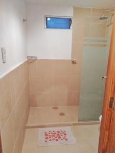 baño con ducha y puerta de cristal en Cabañas Aires de Montaña en 