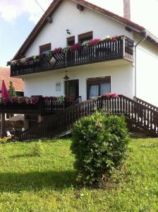 una casa con un balcón con flores. en Guesthouse Magdalena, en Rakovica
