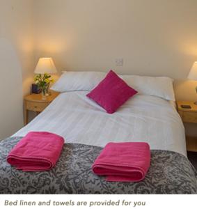 a bed with two pink pillows on top of it at Church Farm Holiday Cottages - Pinster Cottage in Ashbourne