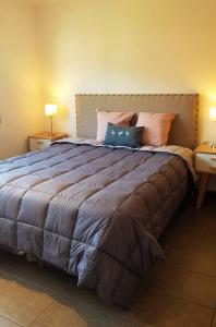 Un dormitorio con una cama grande con almohadas. en Ruka 7 Dpto 8 - Andarlibre en San Martín de los Andes