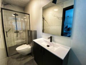 y baño con lavabo, aseo y espejo. en Broncks Apartment 4, en Tórshavn