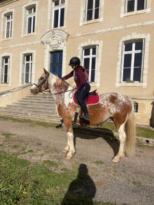 uma pessoa a montar um cavalo em frente a um edifício em Gîte 6 personnes 3 chambres château de la bouchatte em Chazemais