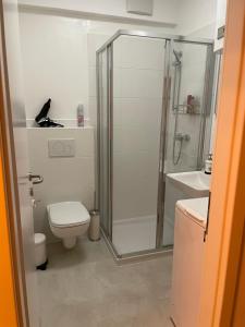 Zentrum & Parkmöglichkeit Apartment في غراتس: حمام مع دش ومرحاض ومغسلة