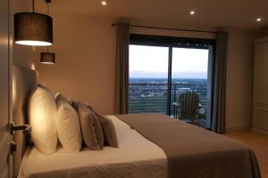 Schlafzimmer mit einem Bett und einem großen Fenster in der Unterkunft La Maison de l'Ecu : charme et vue incroyable in Beaune