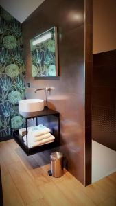 a bathroom with a sink and a shower at La Maison de l'Ecu : charme et vue incroyable in Beaune